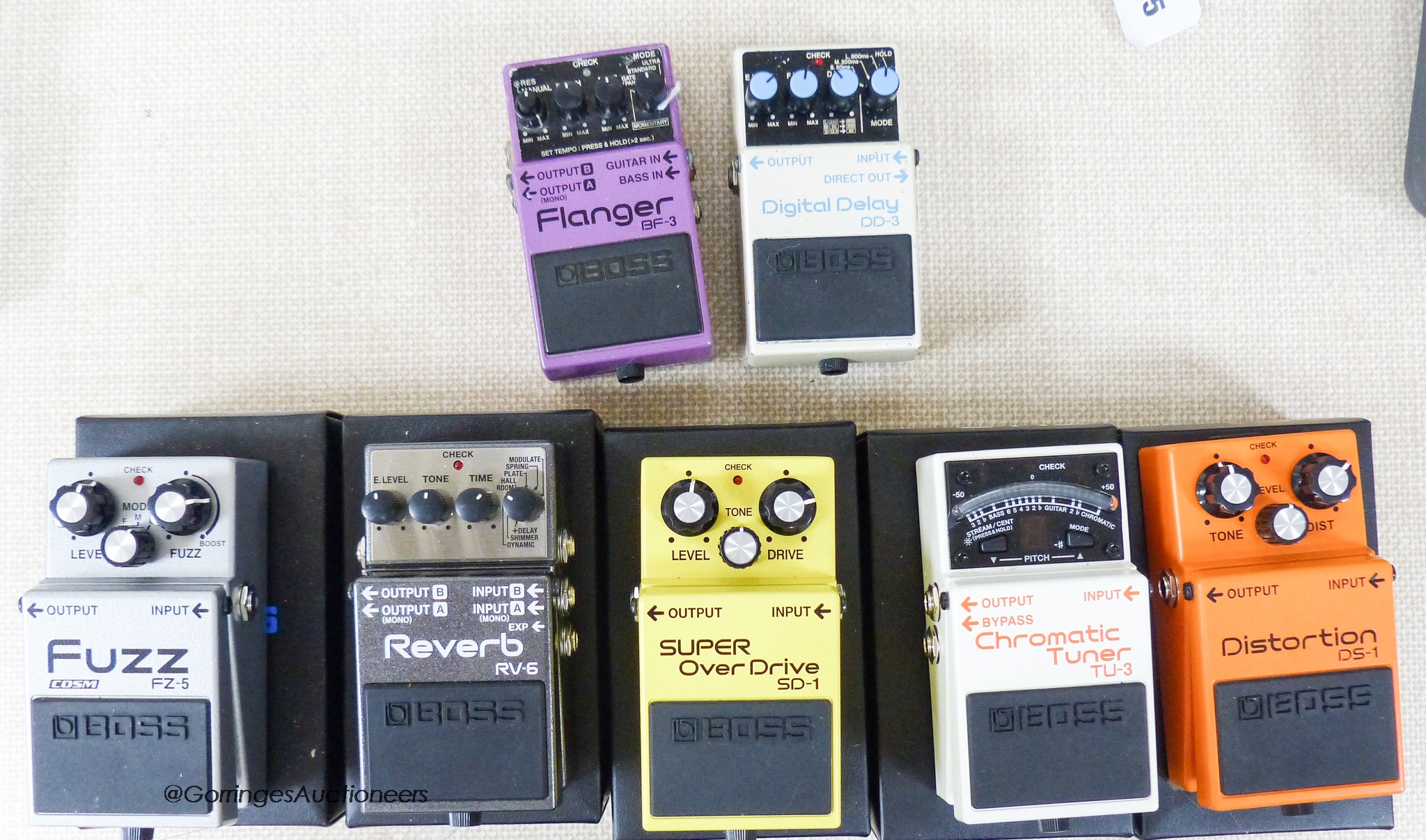 Seven boss guitar pedals (5 with boxes) RV-6, DS-1, TU-31, SD-1, FZ-5, BF-3, DD-3